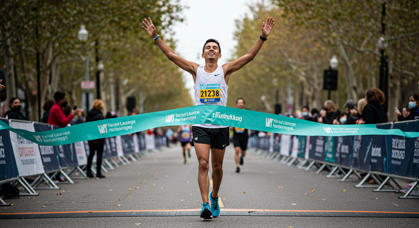 마라톤 참가자가 일등으로 결승 테잎을 끊으면서 두팔을 활짝 펼치고 두눈을 감고 승리를 만끽하고 있는 실사 이미지