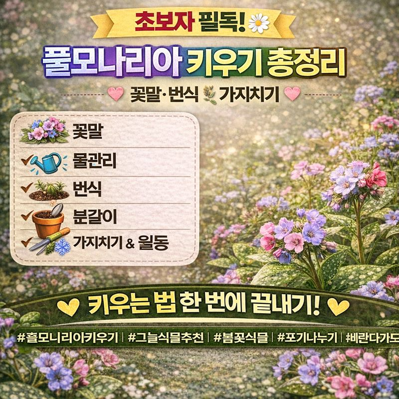 풀모나리아 키우기, 꽃말&middot;물관리&middot;번식&middot;분갈이&middot;가지치기&middot;월동썸네일 이미지