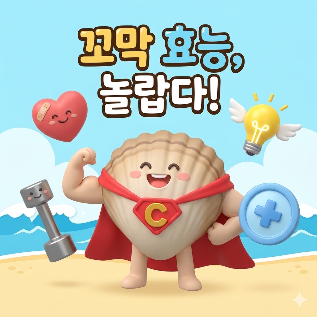 슈퍼히어로 망토를 두르고 근육을 자랑하는 귀여운 꼬막 캐릭터가 심혈관, 철분, 면역력, 에너지 등 다양한 건강 효능을 상징하는 주변 사물들과 함께 있는 3D 카툰 일러스트.