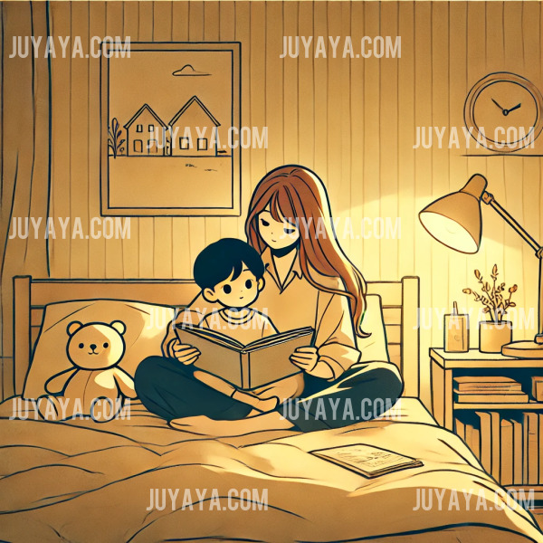편안한 침실에서 부모와 아이가 침대에 앉아 동화책을 읽는 모습을 담은 웹툰 스타일 일러스트. 부드러운 조명과 평화로운 분위기를 연출.