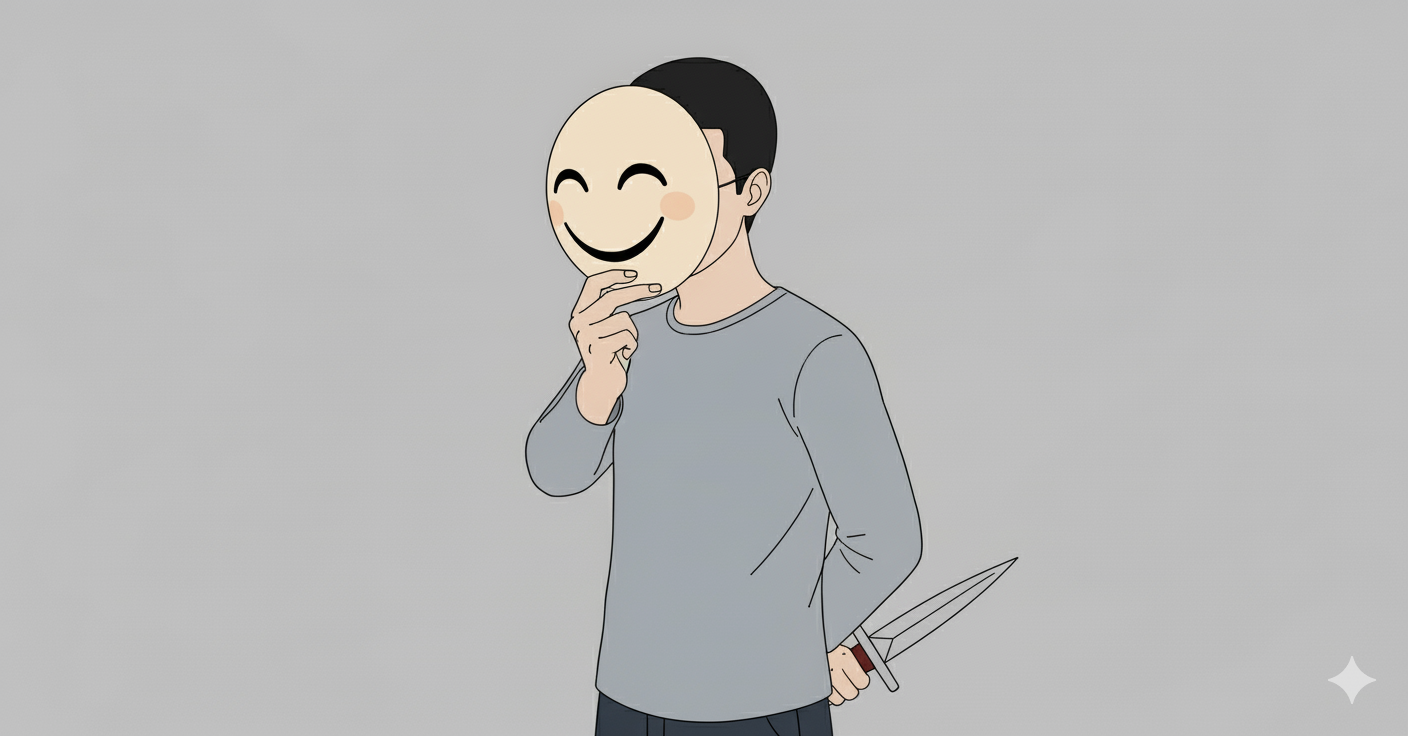 거짓 웃음을 지으면 칼을 들고 있다