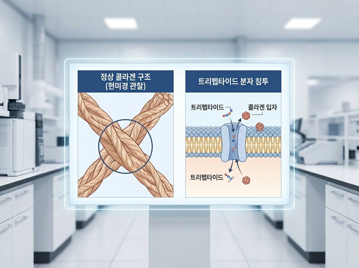 현미경으로 본 콜라겐 분자 구조 비교, 일반 콜라겐 입자와 매우 작은 트리펩타이드 분자가 세포막을 통과하는 과학적인 모식도