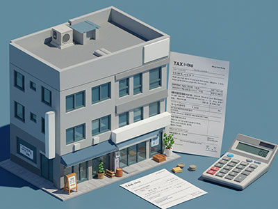 상가와 사무실이 결합된 한국형 상업용 건물 일러스트. 옆에는 세금 서류와 계산기 이미지 포함. 