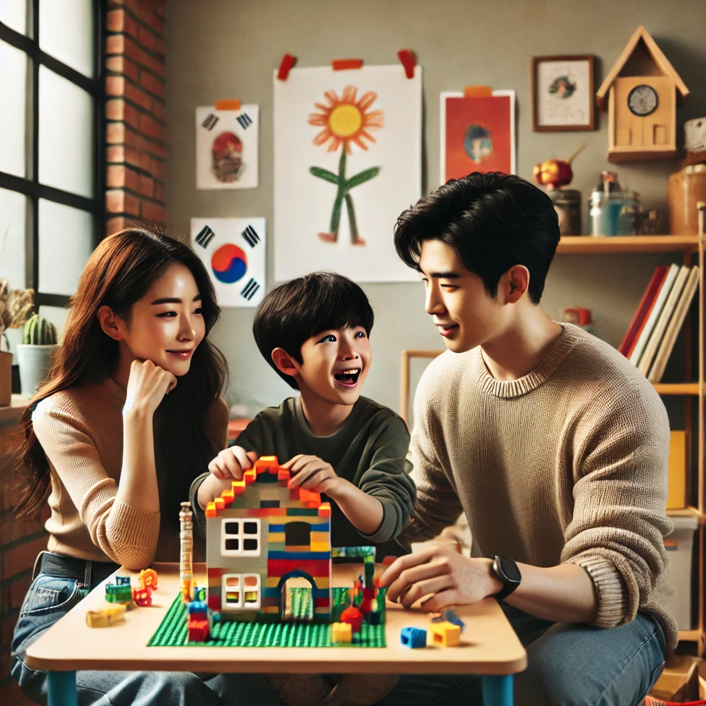 창의적이고 아늑한 공간에서 레고 블록으로 독창적인 구조물을 만드는 아들과 이를 응원하며 경청하는 부모, 예술적 소품과 도구가 가득한 방, 아이의 개성을 포용하고 격려하는 따뜻한 분위기.