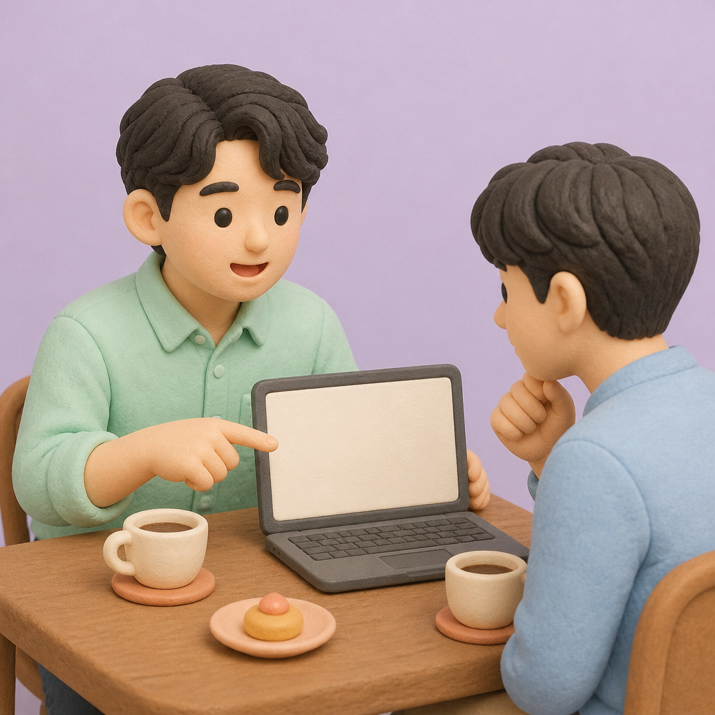 카페 테이블에서 노트북 화면 하나를 가리키며 설명하는 청년