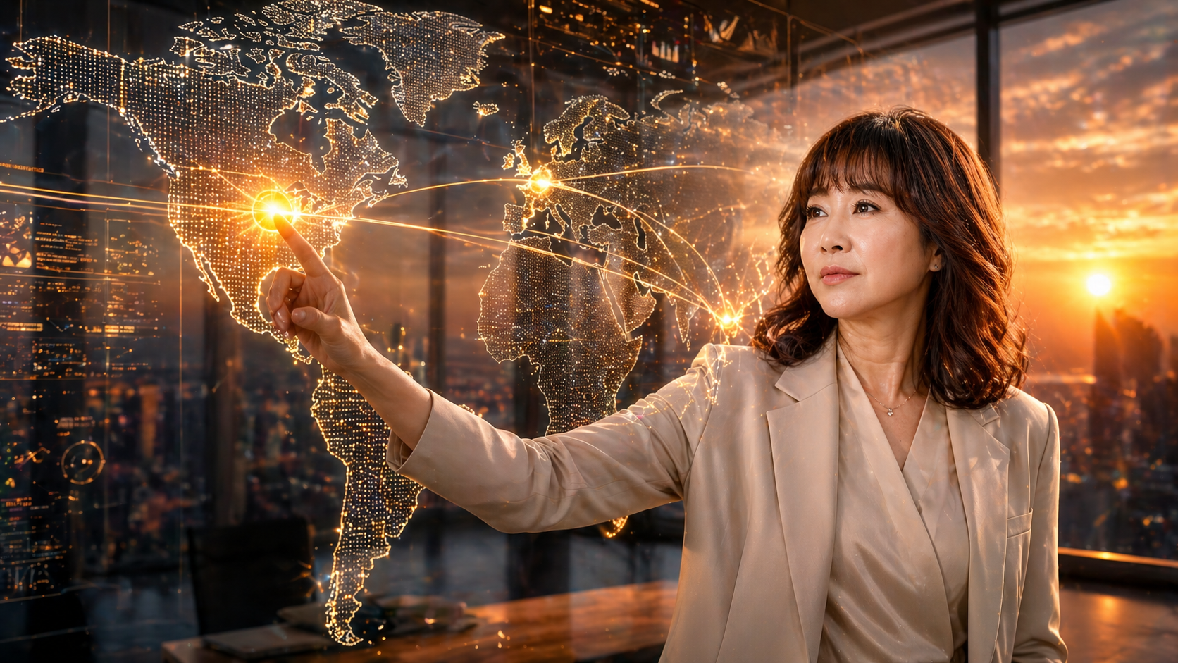 홀로그램 세계 지도를 배경으로 글로벌 마켓을 구상하는 50대 여성 리더의 전문적인 모습