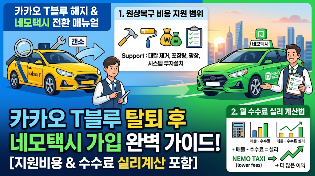 카카오 T블루 해지 및 네모택시 전환 신청 매뉴얼: 원상복구 비용 지원 범위와 월 수수료 실리 계산법