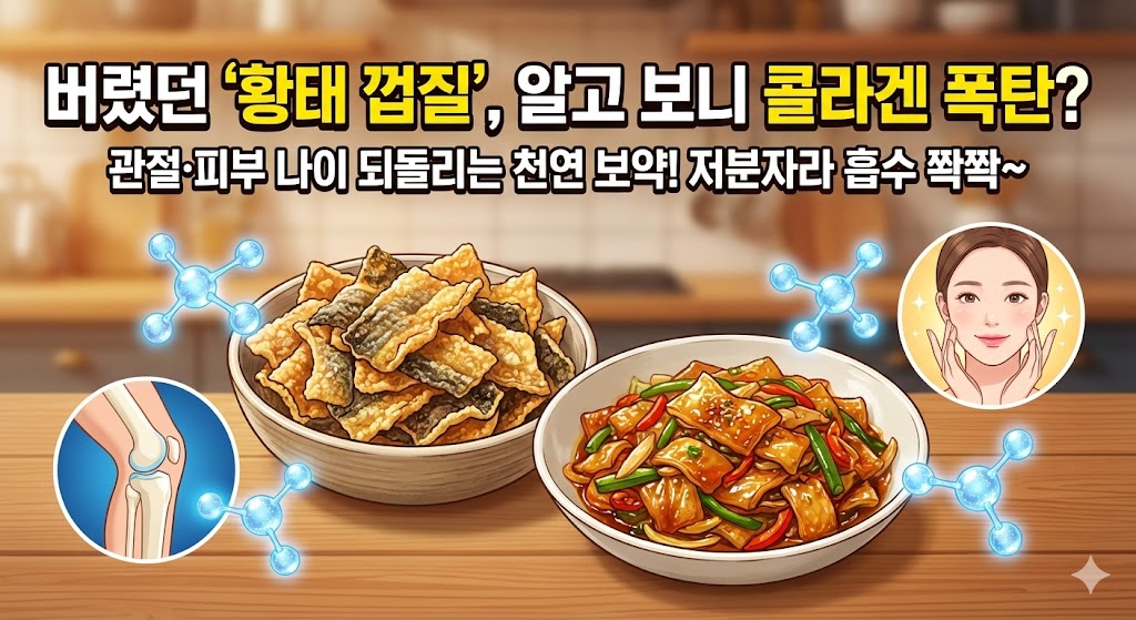 관절과 피부 건강에 좋은 황태 껍질 콜라겐 효능 썸네일. 저분자 어류 콜라겐이 풍부한 황태 껍질 요리와 건강 정보를 담은 이미지