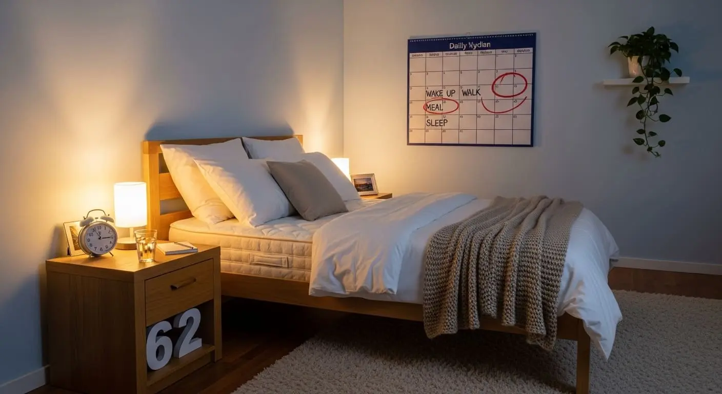 섬망 환자를 위한 안정적인 일상 환경. 편안한 침대와 규칙적인 생활을 돕는 달력, 물컵 등이 놓인 조용하고 아늑한 침실 전경을 보여줌.