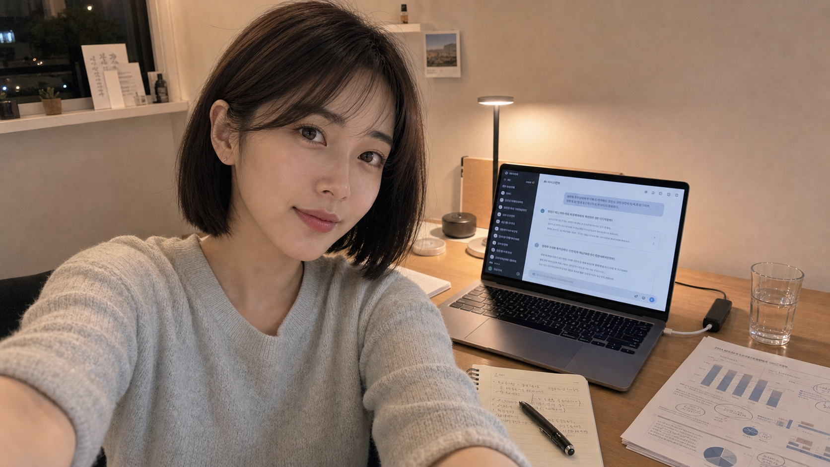 서윤이 노트북의 AI 챗봇 화면 앞에서 셀카를 찍은 장면