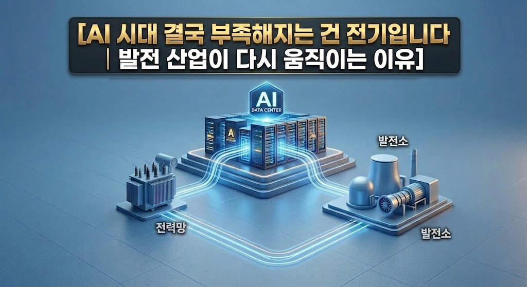AI 데이터센터와 전력 발전소 간의 전력 공급과 경제적 가치 흐름을 나타낸 등각 일러스트레이션입니다. 중앙의 'AI 데이터센터'로 전력망을 통해 전력이 흐르고, 이에 대한 경제적 가치 환류가 '발전소'로 이어지는 모습을 파란색 빛줄기와 기호로 표현했습니다. 상단 배너에는 이 블로그의 제목이 있습니다.