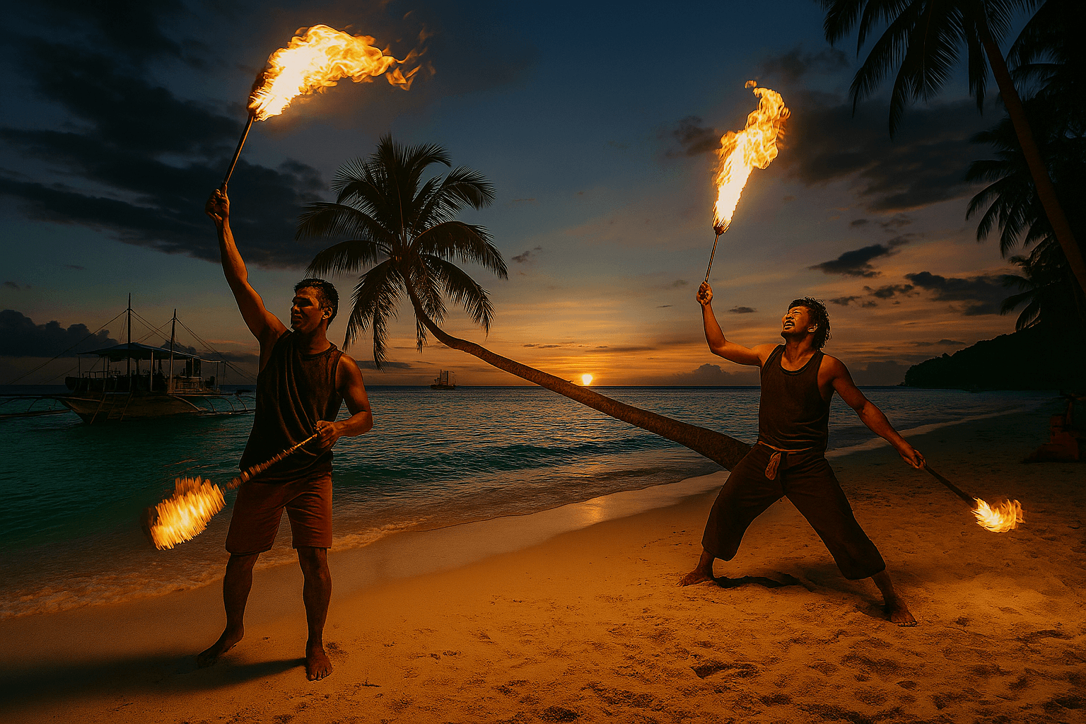 어두운 밤 필리핀 바닷가 백사장에서 불꽃을 이용해 화려한 공연을 펼치는 현지인들. 활기찬 밤문화를 보여준다.