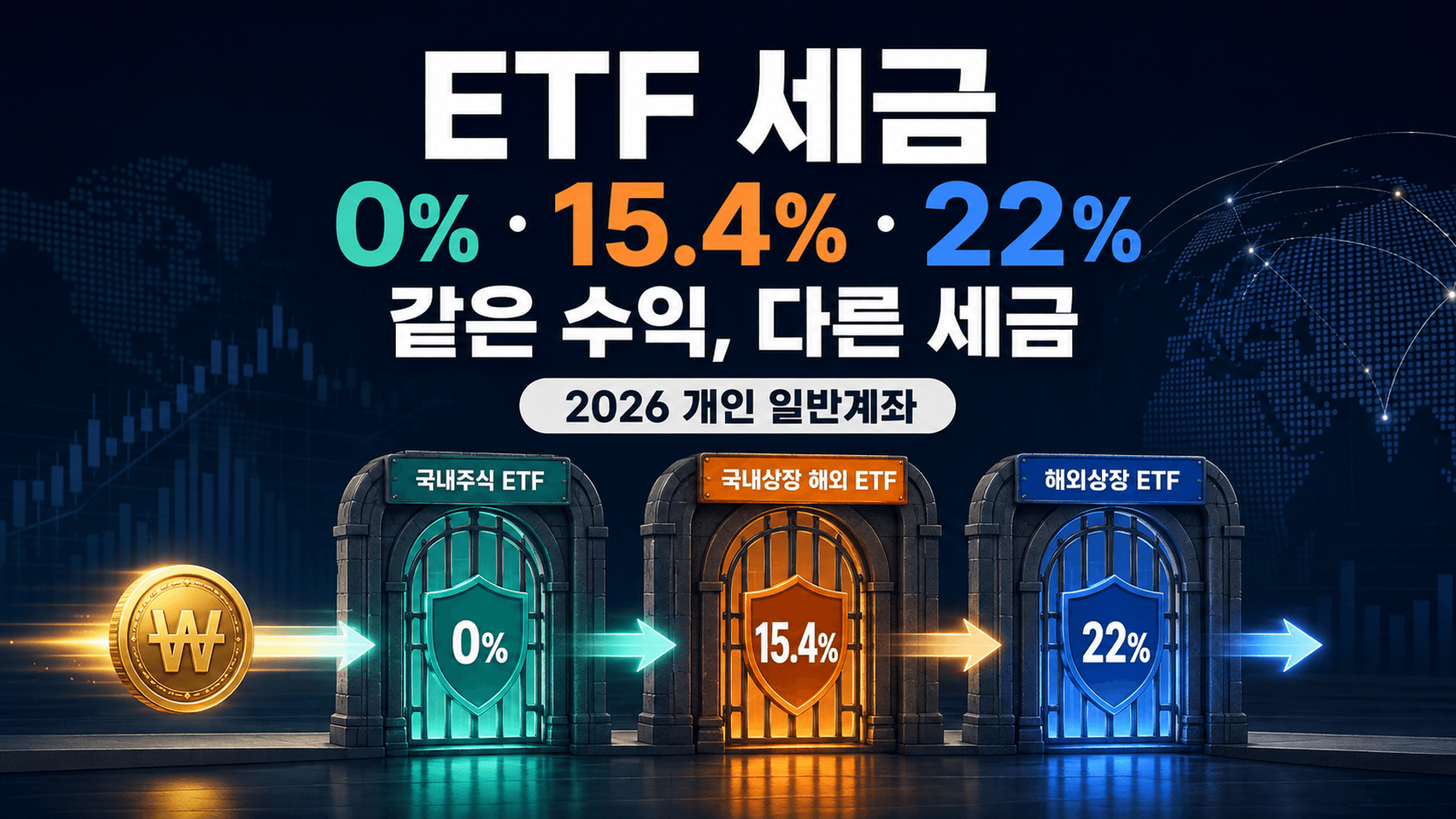 ETF 세금 0퍼센트 15.4퍼센트 22퍼센트를 국내주식형 국내상장 해외형 해외상장으로 비교한 대표 이미지