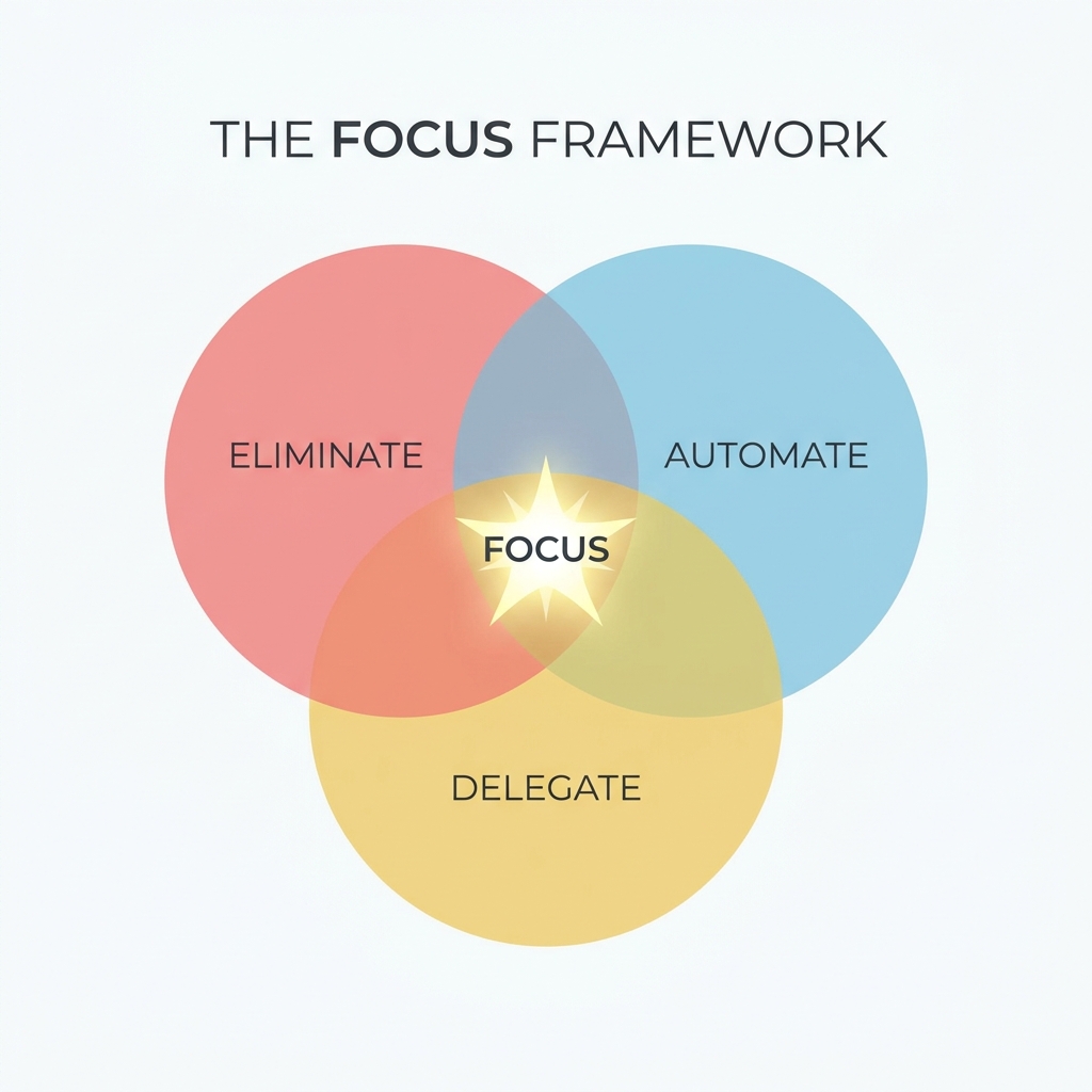 '제거(Eliminate)', '자동화(Automate)', '위임(Delegate)'이라는 세 개의 원이 겹쳐져 있고 그 중심에 '집중(Focus)'을 상징하는 밝은 별이 있는 미니멀한 인포그래픽. 초생산성의 핵심 원리를 시각화한 8k 고품질 디자인.
