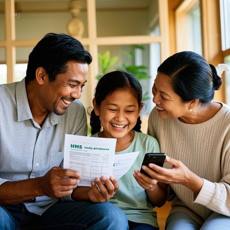 가족이 병원 영수증과 스마트폰 NHIS 앱 화면을 보며 웃는 장면. 건강보험료 환급 그래픽과 소득분위 상한액 표, 따뜻하고 희망적인 분위기.