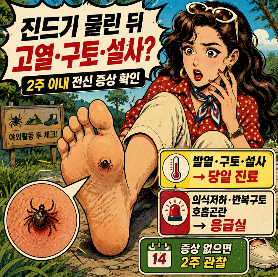 1. 진드기 물린 뒤 고열·구토·설사 증상이 나타날 때 2주 이내 전신 증상 확인과 당일 진료·응급실 기준을 정리한 옛날 만화 스타일 안내 이미지