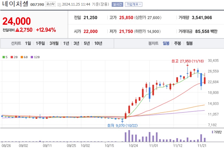 네이처셀 주가 (1125)