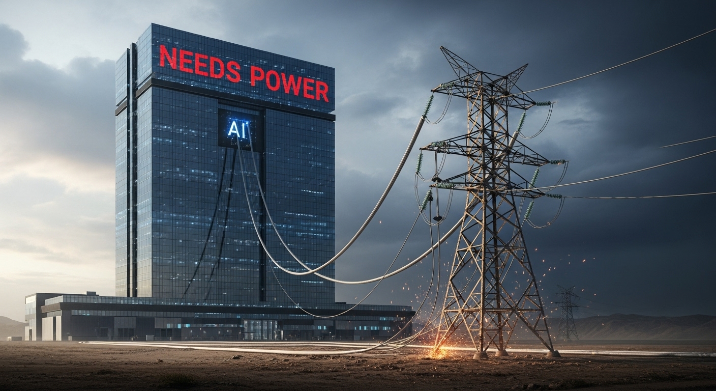거대한 AI 데이터센터가 전기를 먹으려 하지만, 낡고 끊어진 전력망 때문에 전력을 공급받지 못하는 일러스트
