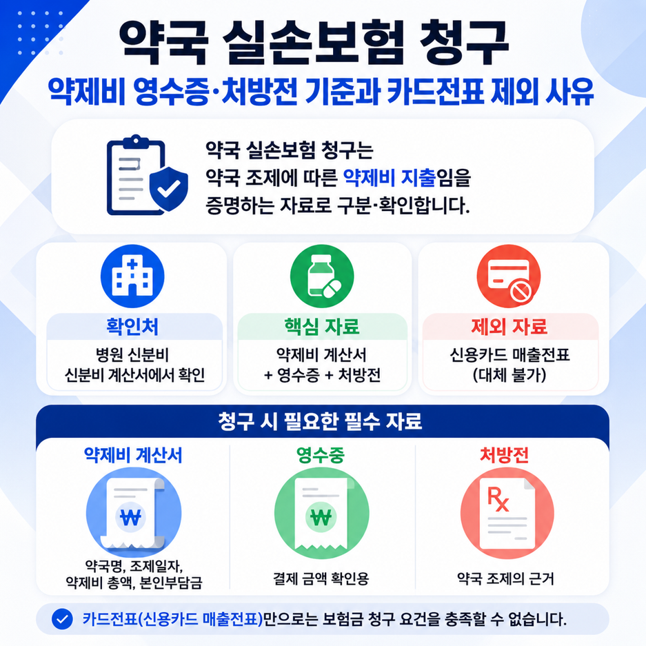 약국 실손보험 청구 기준을 정리한 정사각형 인포그래픽으로 약제비 영수증&middot;처방전&middot;카드전표 제외 사유와 필수 청구 자료를 아이콘과 표로 요약한 이미지