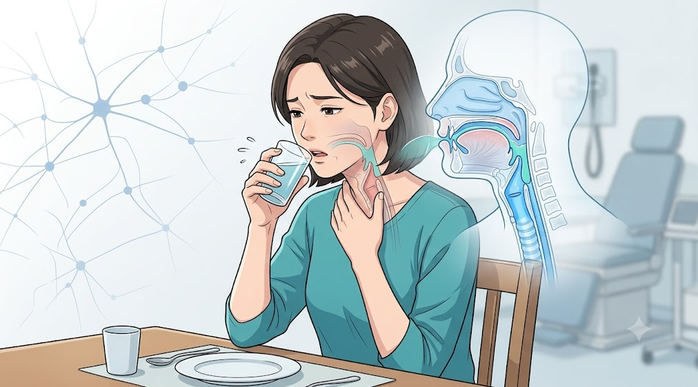 물을 마신 후 가벼운 기침과 사레가 나타나는 구강인두 단계 연하곤란 메디컬 일러스트