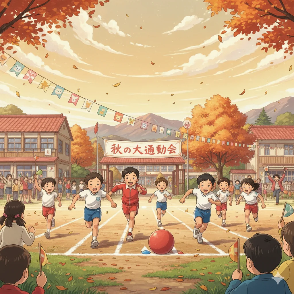 제미나이 AI로 지브리 느낌 캐릭터 디자인, 무료로 체험하기, 지브리 스타일의 가을 운동회 풍경, 운동복 입은 아이들이 웃으며 달리는 초등학교 운동장