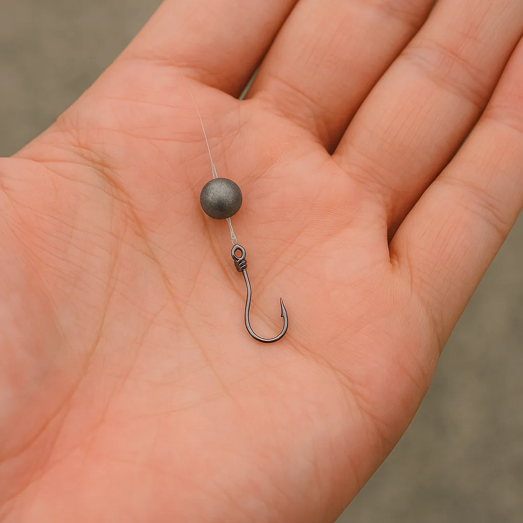 손에 들린 전갱이용 작은 바늘과 봉돌 채비