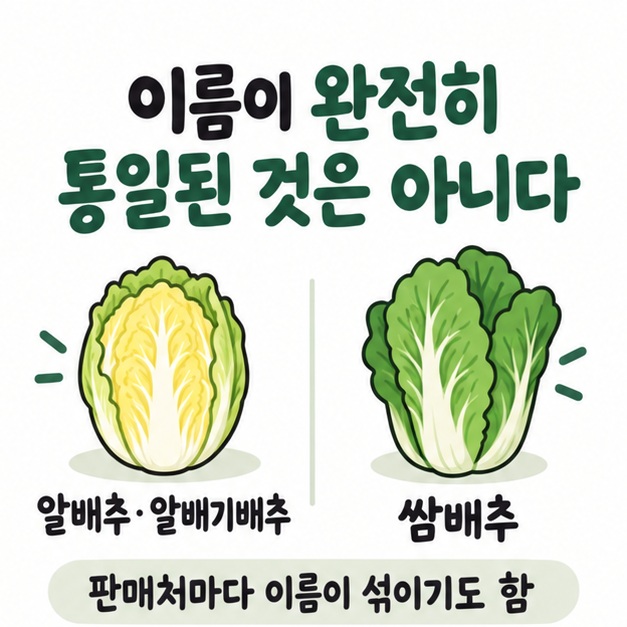 노란 속잎의 작은 포기 형태 알배추와 푸른 잎을 포갠 쌈배추를 나란히 비교하는 카드