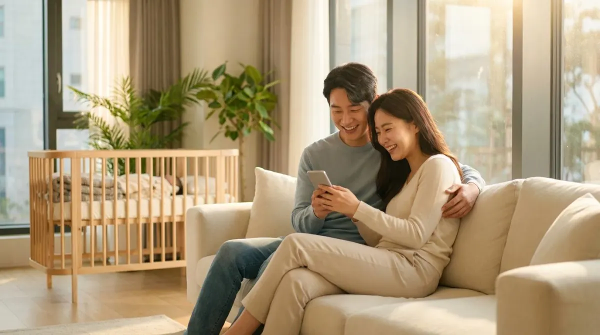 2026년 육아휴직 급여 개편 소식을 확인하고 경제적 안도감을 느끼며 환하게 웃고 있는 한국인 부부의 모습