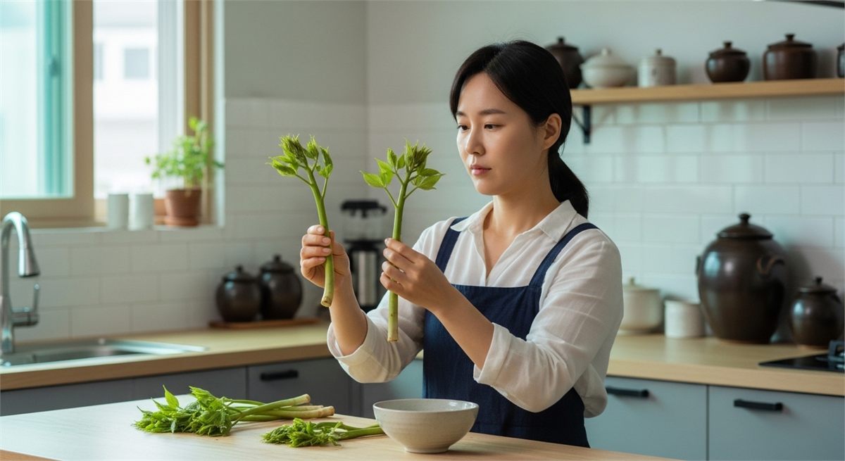 집에서 땅두릅 상태를 살펴보는 한국인 여성의 모습