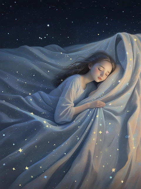 우주에서 잠 든 것처럼 별천지에서 소녀가 편안하게 자고 있다