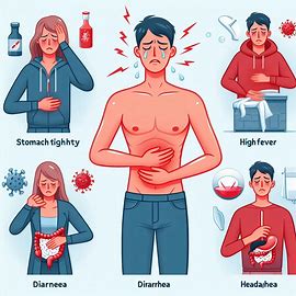 남성이 양 손으로 배를 움켜잡고 아파하는 표정을 짓고 있다.