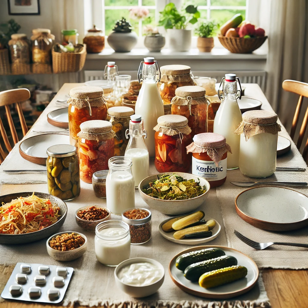 식탁 위에 유산균 관련 제품들과 다양한 발효 식품을 올려둔 모습