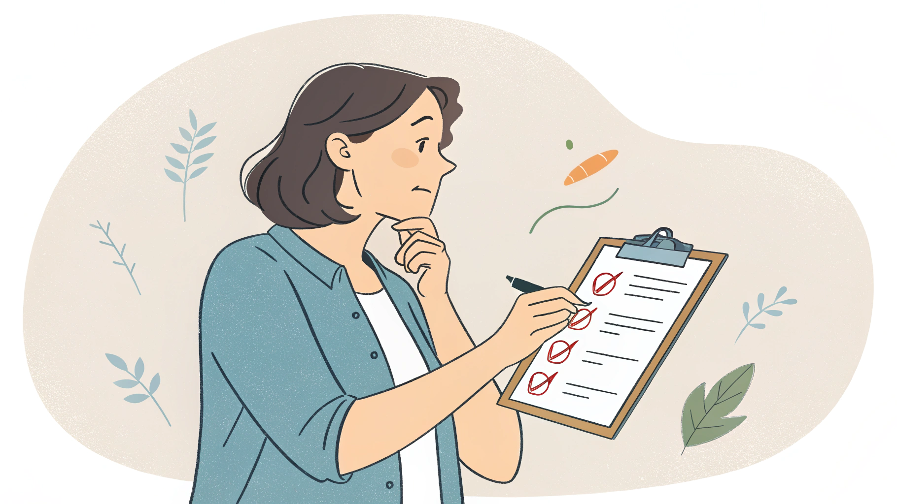 음식물 과민증 의심 증상을 체크리스트로 확인하는 여성의 모습 이미지