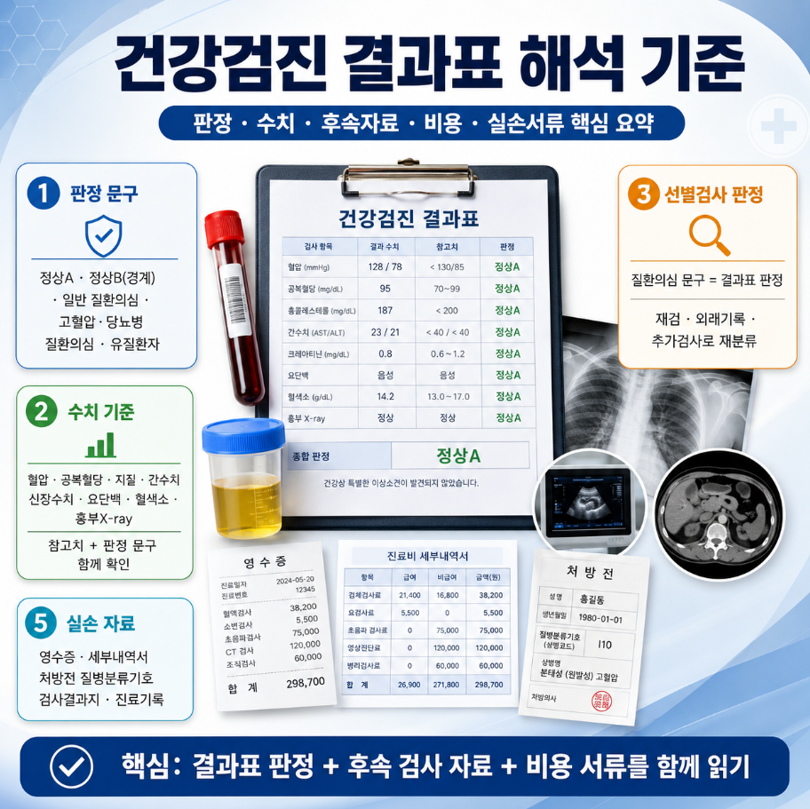건강검진 결과표 해석 기준에서 판정 문구, 수치 기준, 후속 검사 자료, 비용 서류를 함께 정리한 인포그래픽