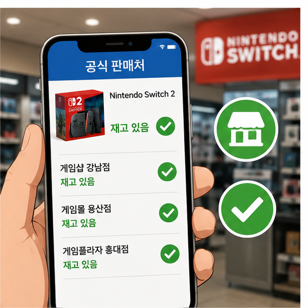 닌텐도 스위치2 재고 확인 과정에서 온라인 재고 글과 실제 매장 품절 상태를 비교하는 인포그래픽