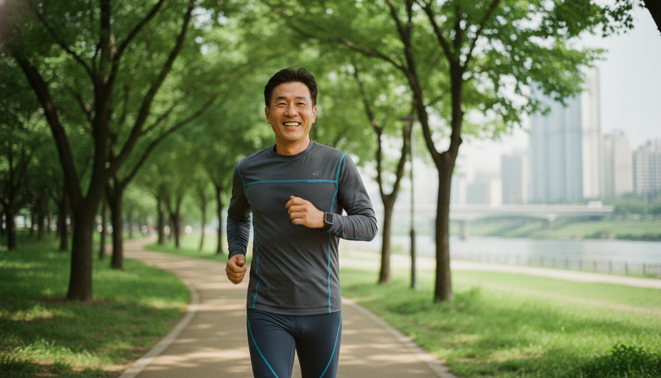 화창한 아침 서울의 푸른 공원에서 조깅을 하는 건강하고 탄탄한 50대 후반의 한국 남성. 그는 세련된 운동복과 스마트워치를 착용하고 있다. 약간 땀을 흘리고 있지만 미소를 짓고 있으며 활기차고 행복해 보인다. 배경에는 서울의 현대적인 건축물이 보이지만 흐릿하게 처리되었다. 활력, 건강 수명, 액티브 에이징을 전달하는 이미지. 캔디드 샷, 자연광.