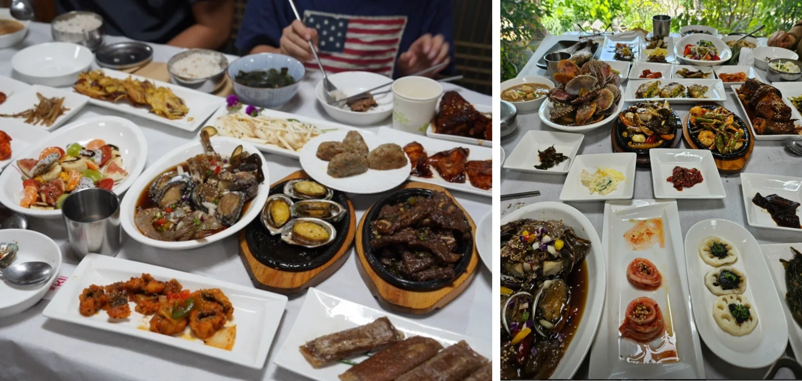 새우전복게장, 전복버터구이, 인삼찹스테이크 등 인삼을 이용한 보양음식이 가득한 마당있는집 인삼한정식 차림 모습입니다.