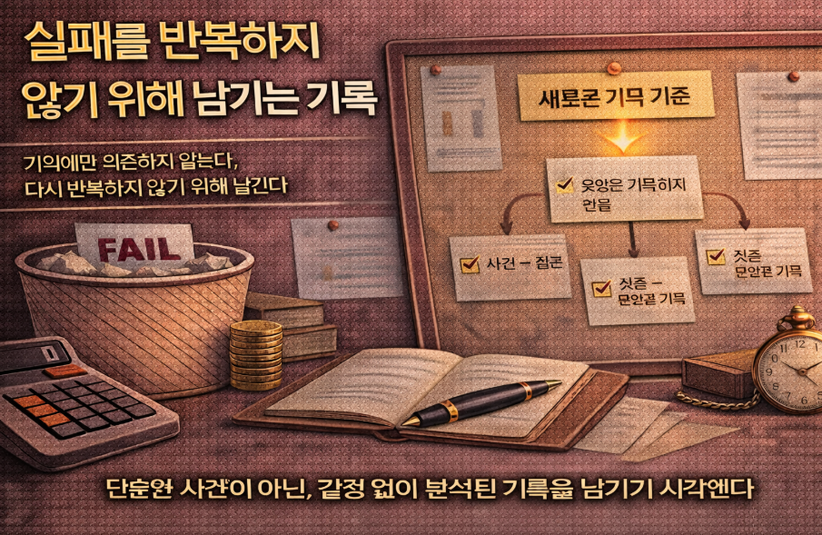 감정이 아닌 판단 중심으로 실패를 기록하는 기준을 정리한 이미지, 분석된 기록 구조와 재사용 가능한 정보 흐름을 표현한 장면