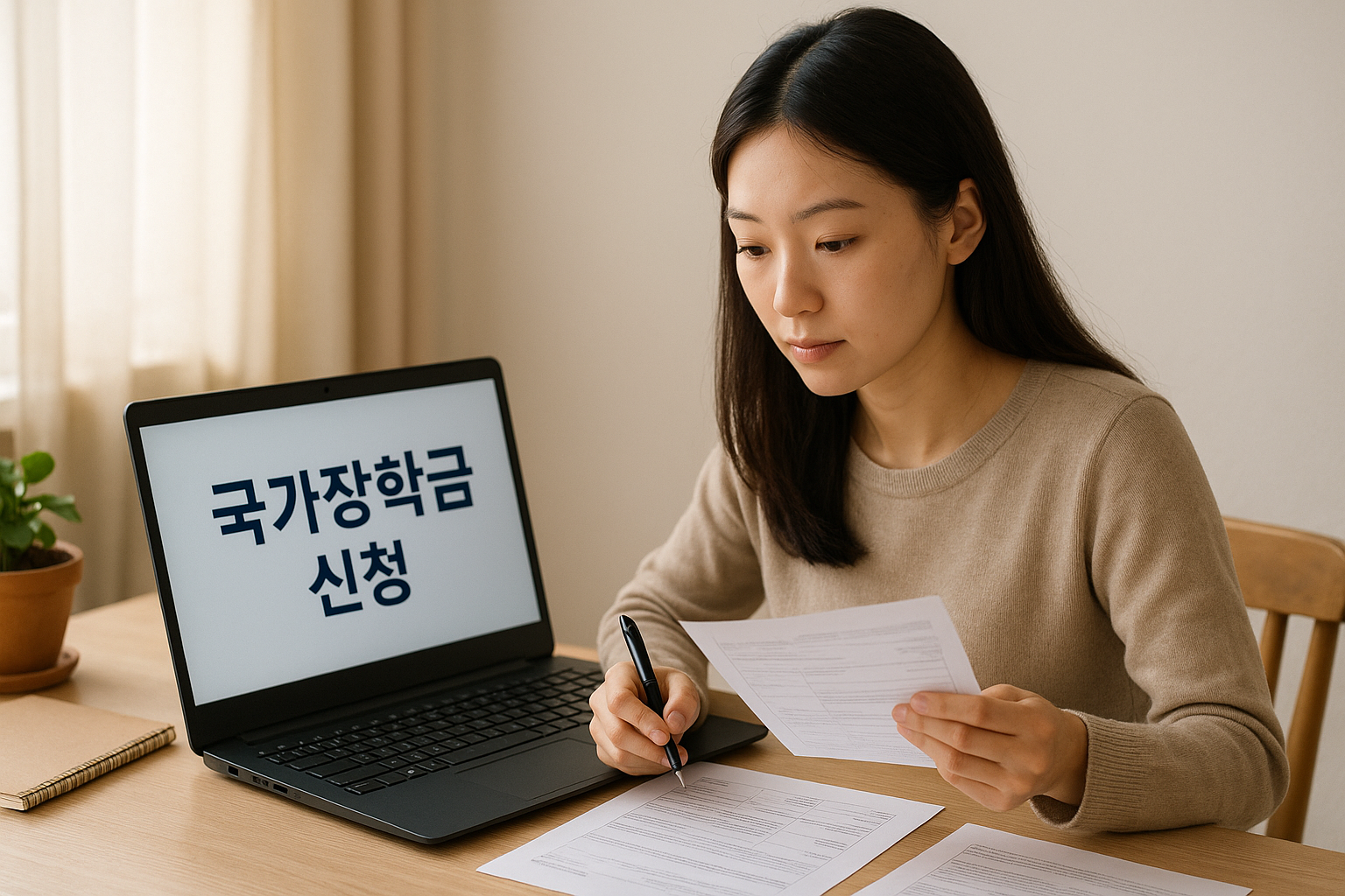 국가장학금 신청을 준비 중인 대학생이 온라인으로 서류를 정리하는 모습