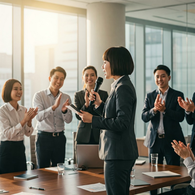 회의실에서 마이크를 들고 마무리 멘트를 하는 발표자와 박수 치는 동료들의 모습
