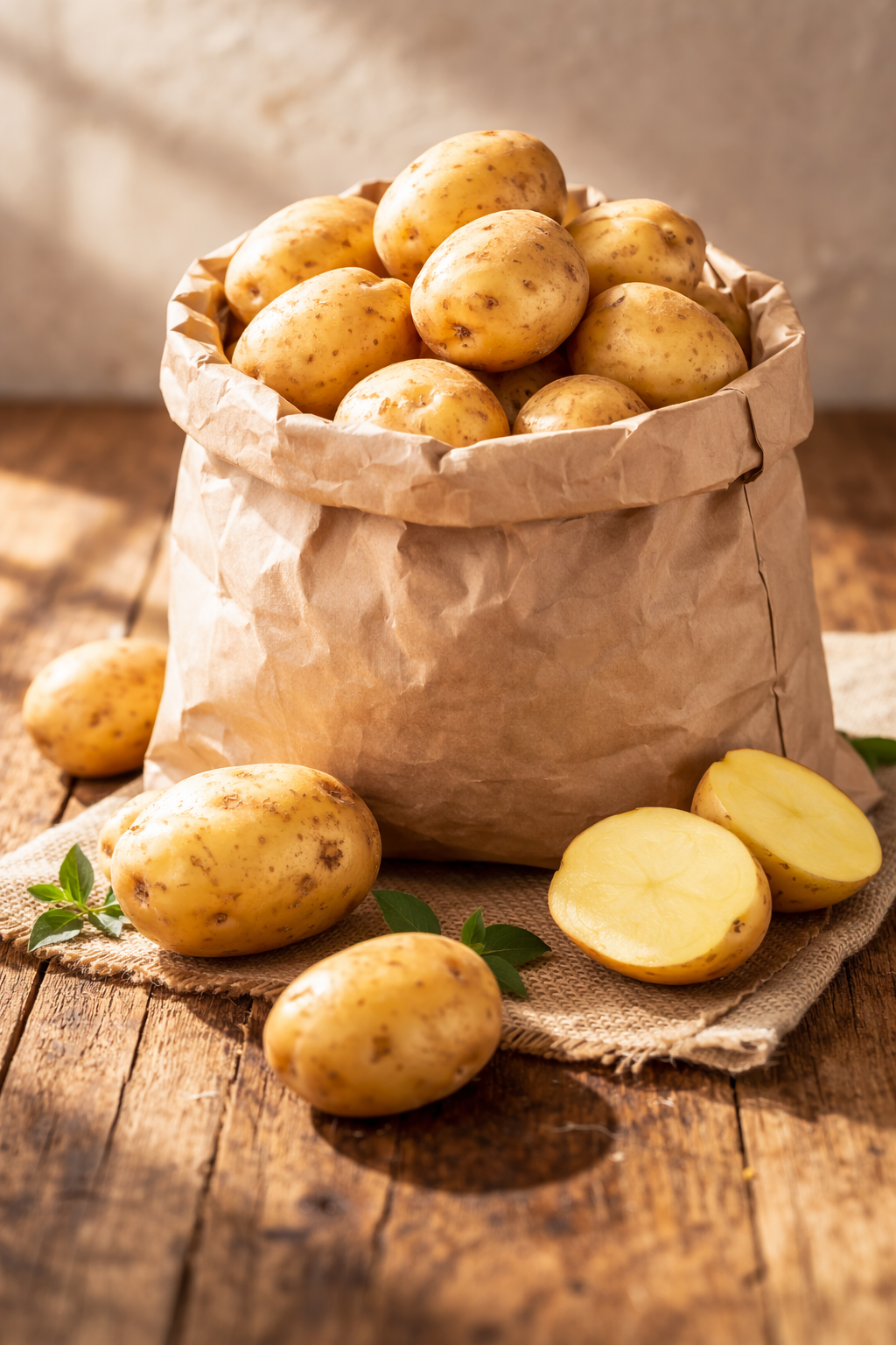 종이로 된 쌀포대 입구를 둥글게 접어 안쪽에 흙 묻은 싱싱한 감자를 가득 담아 보관 중인 모습. 통기성이 좋은 종이 봉투를 활용한 천연 식재료 보관법 이미지