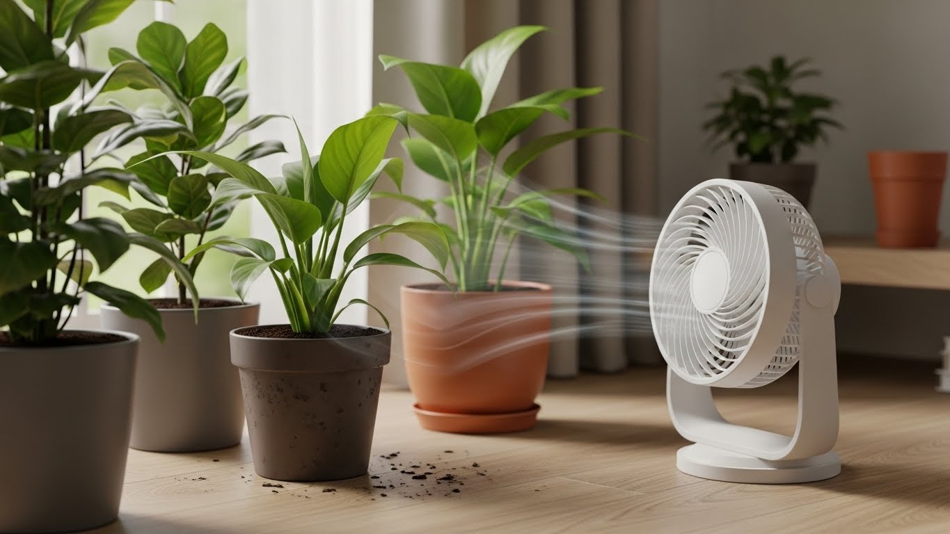 장마철 실내 환경에서 창가 근처에 식물들이 놓여 있고 작은 선풍기로 약하게 공기 순환을 돕는 장면. 습도 조절과 통풍 관리가 강조된 깔끔한 모던 인테리어 공간.