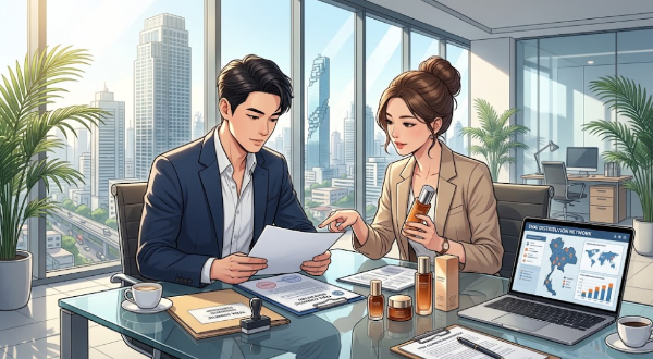 방콕의 세련된 비즈니스 오피스에서 태국 TFDA 화장품 수출 승인 서류와 K-뷰티 제품을 검토하는 한국인 사업가 애니메이션 일러스트