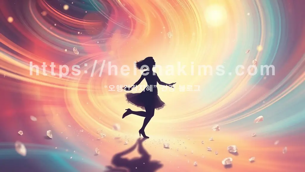 "빙글빙글 도는 세상 속, 균형을 잃은 듯한 사람의 실루엣이 추상적인 소용돌이와 빛으로 표현된 모습.