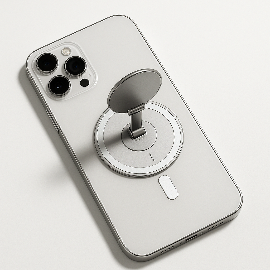 맥세이프 그립톡이 부착된 아이폰 - 자석 탈착 방식과 거치 기능을 보여주는 제품 이미지