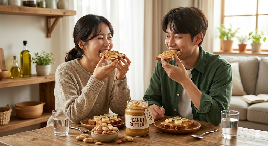 땅콩버터를 먹는 남녀