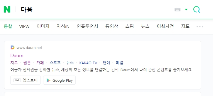 다른 포털 사이트 검색창에서 한글로 이름을 쳐서 찾는 화면