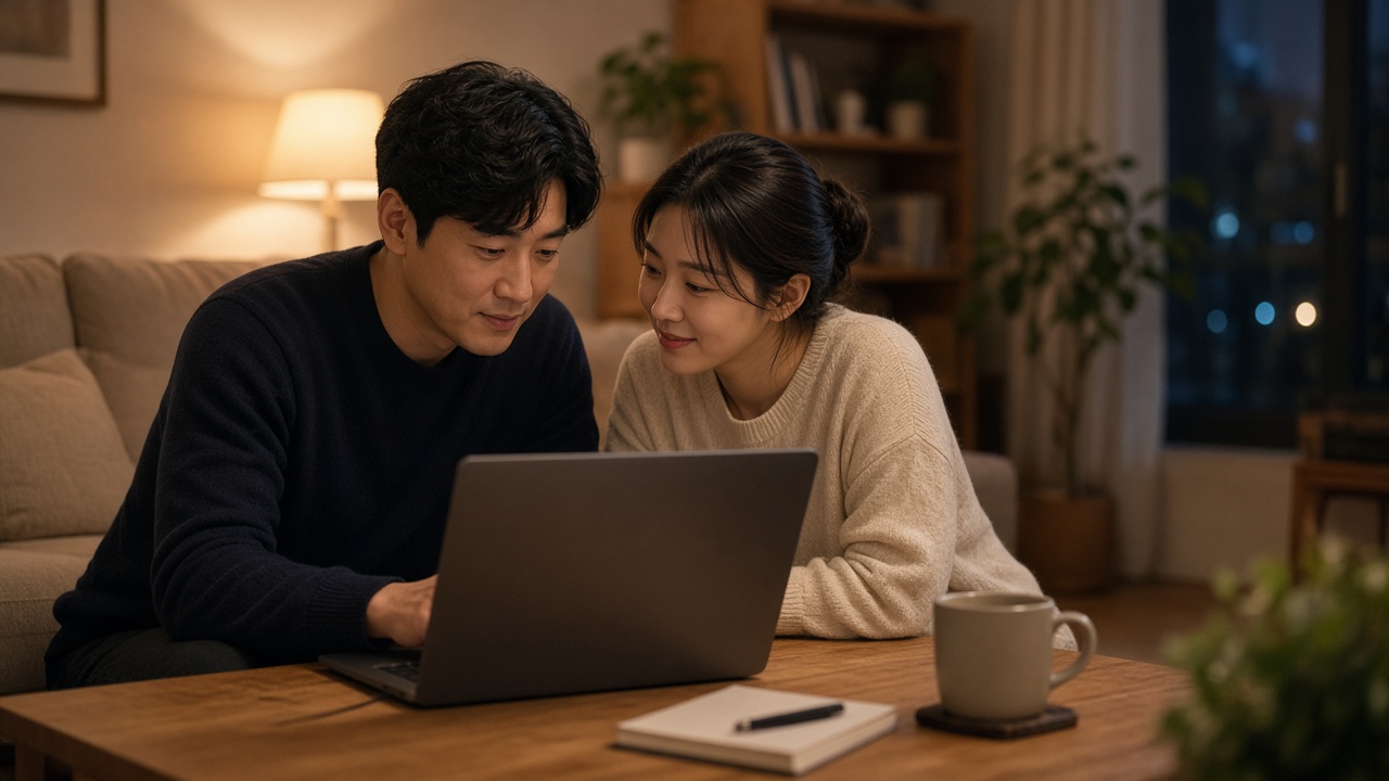 저녁 거실 테이블에서 노트북으로 연말정산 간소화 자료를 확인하는 30대 한국인 부부