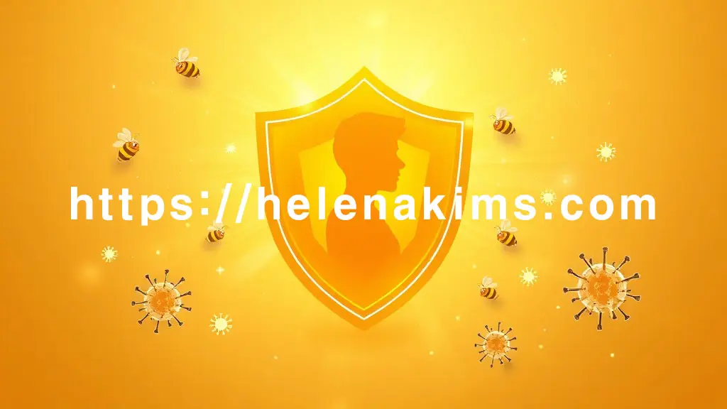 중앙에 활짝 펼쳐진 벌집 모양의 견고한 방패가 있고, 방패 주변으로는 귀여운 꿀벌 아이콘과 항체를 상징하는 작고 반짝이는 보호 입자들이 떠다닌다. 방패 안에는 건강하고 활기찬 사람의 모습.