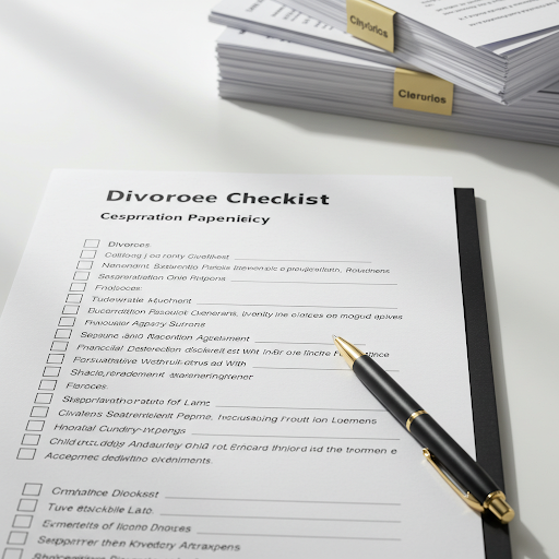 협의이혼 서류 목록이 적힌 체크리스트와 옆에 놓인 펜, 또는 가지런히 쌓인 서류 더미